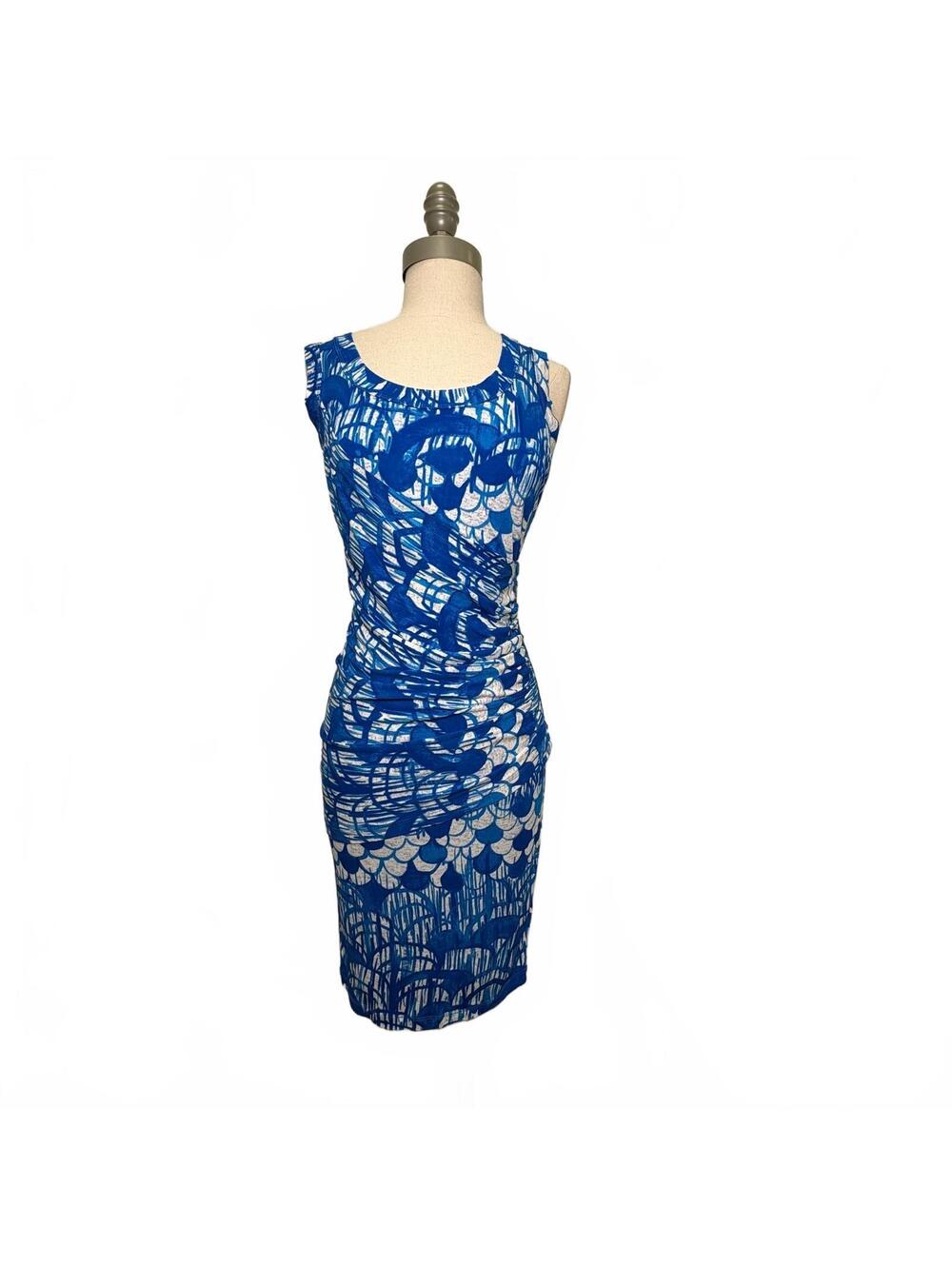 Plenty by Tracy Reese Blue and White Sleeveless Ruched Sheath Dress